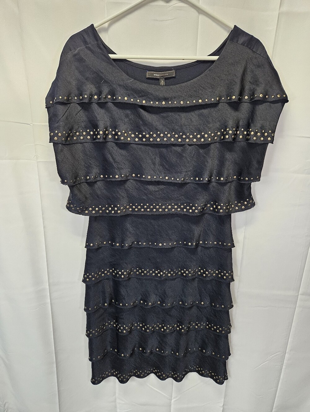 BCBG Midnight Blue Tiered Ruffle Dress with Stud Detailing